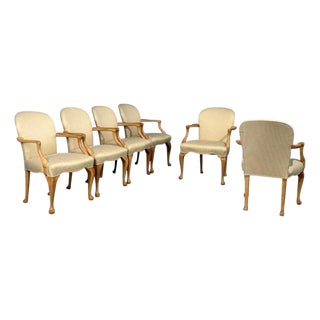 Queen Anne Style, Six Dining Chairs, Light Wood, Fabric, Usa, 1940s For Sale