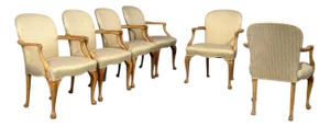 Queen Anne Style, Six Dining Chairs, Light Wood, Fabric, Usa, 1940s