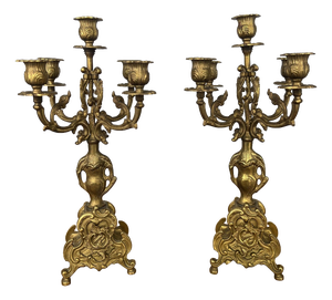 Vintage French Brass Ornate Candleholders, Set of 2