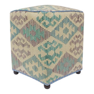Boho Chic Handmade Kilim Upholstered Ottoman For Sale