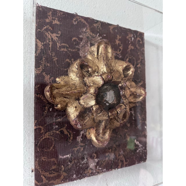 Chocolate Antiqued Hand-Made Convex Mirror Architectural Fragment in Acrylic Case For Sale - Image 8 of 12