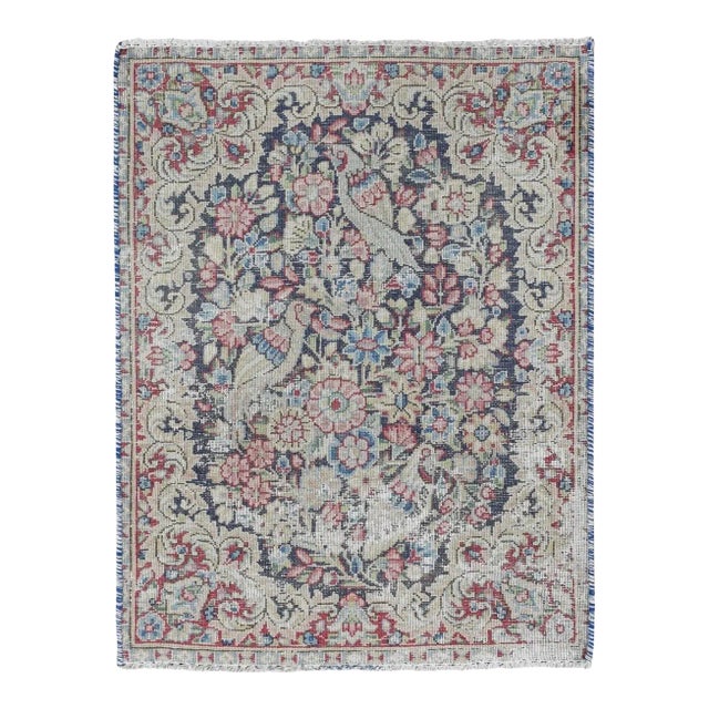 1960 Blue Vintage Persian Kerman Worn Down Hand Knotted Pure Wool Mat Rug 1'7"x2'2" For Sale