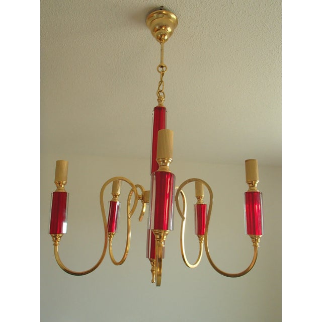 1960s Vintage Brass & Red Crystal Chandelier For Sale - Image 5 of 13