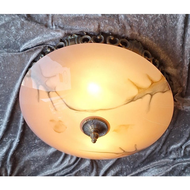 Vintage Ceiling Lamp with Patinated Metal Mounting and Pink Marbled Glass Shade by Honsel, 1990s For Sale - Image 3 of 11