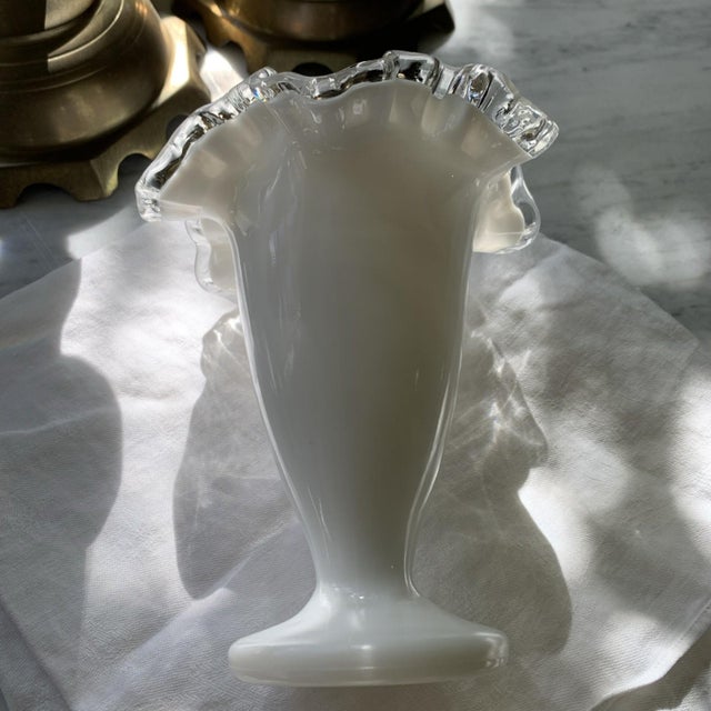 Glass Vintage Fenton Silver Crest Vase Ruffled Milk Glass For Sale - Image 7 of 9