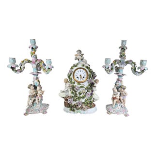 Antique German Porcelain Clock Garniture Set with Candelabra, 1890, Set of 3 For Sale