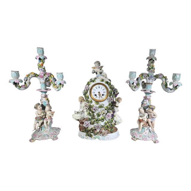 Antique German Porcelain Clock Garniture Set with Candelabra, 1890, Set of 3 For Sale