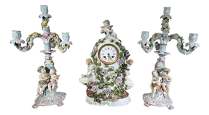 Antique German Porcelain Clock Garniture Set with Candelabra, 1890, Set of 3