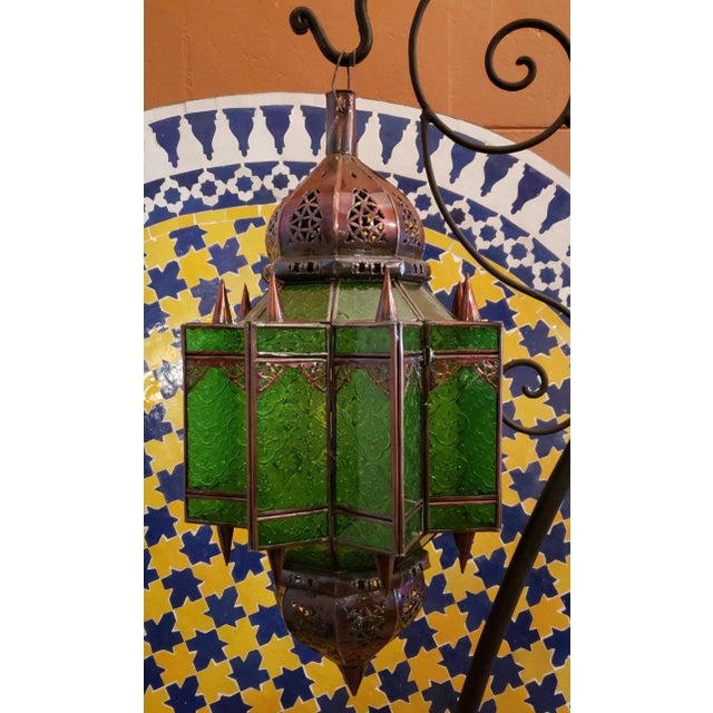 Green Moroccan Makki Style Green Glass Lantern For Sale - Image 8 of 9
