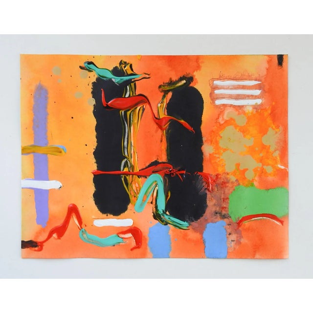 Contemporary circa 2004 abstract acrylic on heavy paper painting. In orange, black, blue, green, red and purple. Unsigned....