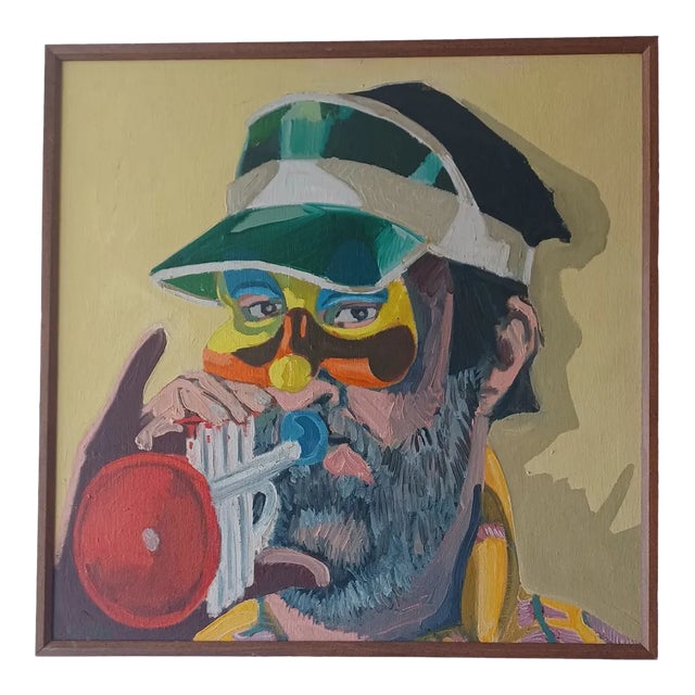Vintage Framed Cubist Oil Painting of Main Playing Trumpet For Sale