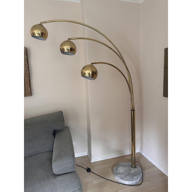 Mid-Century Modern Vintage Three-Arm Arc Floor Lamp in Brass with Marble Base, 1970s For Sale - Image 3 of 18
