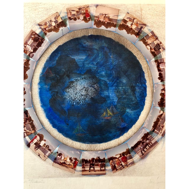 This one depicts a painting of a pond in the Tuileries garden in Paris france with little boats collaged on it surrounded...