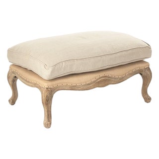 Belmont Cushion Ottoman - Natural Linen / Carved Oak Frame For Sale