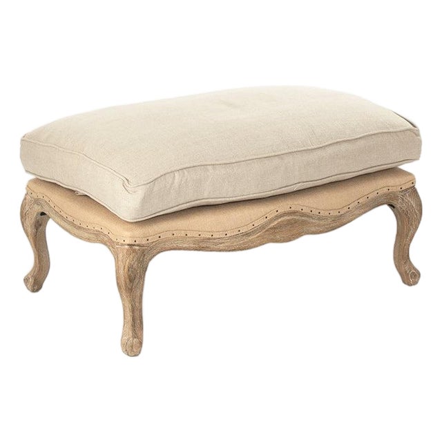 Belmont Cushion Ottoman - Natural Linen / Carved Oak Frame For Sale