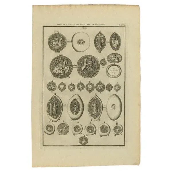Antique print titled 'plate xxviii. Seals of nobility and great men of scotland. Original antique print showing seals of...