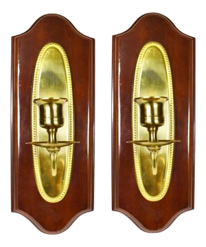 Vintage Wood Brass Wall Mounted Candlestick Holder Sconces - a Pair