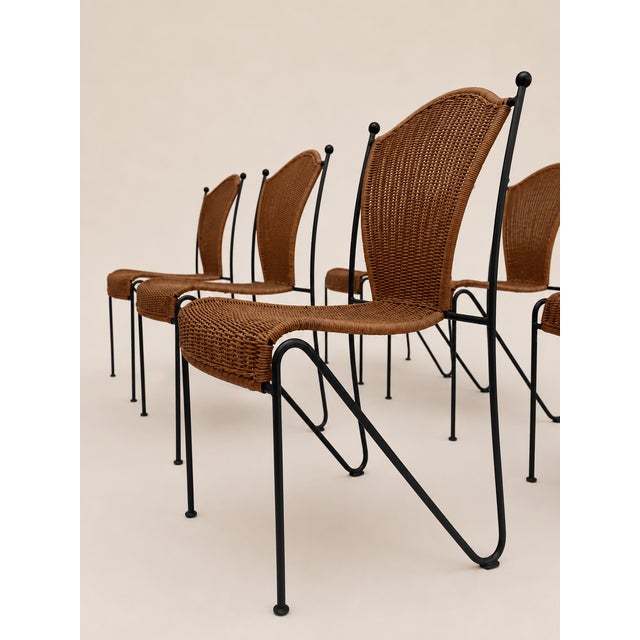 Mid-Century Wicker and Iron Dining Chairs attributed to Frederic Weinberg, 1950s, Set of 6 For Sale - Image 9 of 16