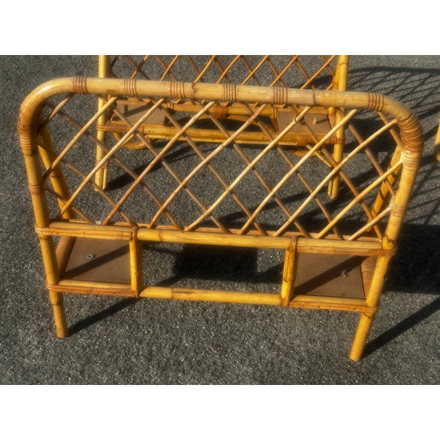 Pair of vintage 1970s rattan single beds, each with a matching headboard and footboard. Their bent rattan frame and...