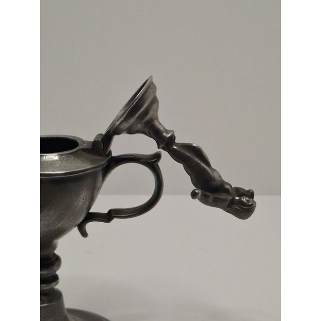 Lot of 2 - 19th C Pewter Whale Oil Fat Lamps W/ Figurine, Wick Pick, European For Sale - Image 18 of 18