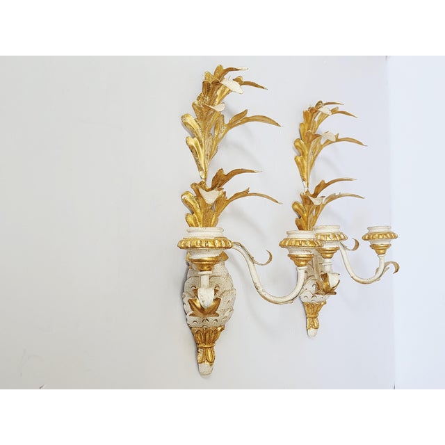 Vintage Italian Giltwood & Tole Pineapple Candle Wall Sconces For Sale - Image 4 of 12