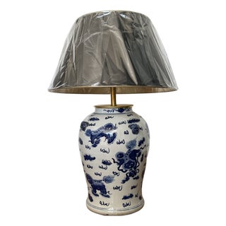 Chinoiserie Hand Painted Ceramic Ginger Jar Lamp With Blue Dragons For Sale