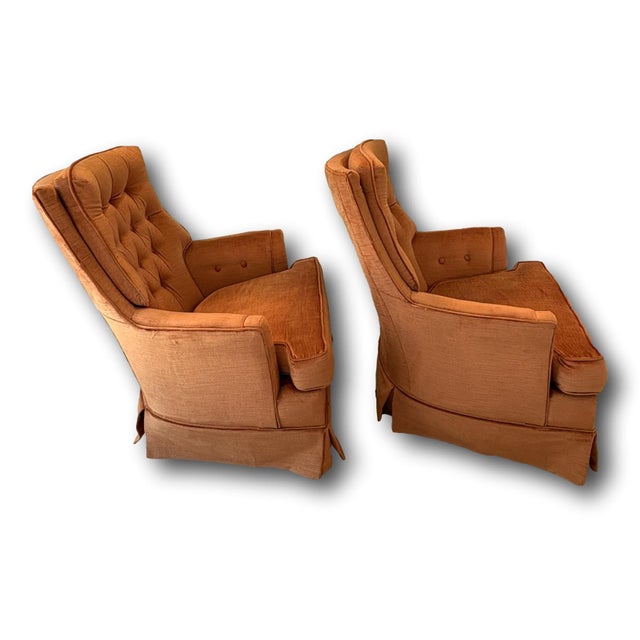 Milo Baughman Vintage Salmon Pink Tufted Skirted Corded Velvet Swivel Club Chairs - A Pair For Sale - Image 4 of 17