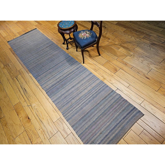 Antique American Amish Rag Runner, Handwoven Wool & Cotton, Stripe Pattern, Gray & Blue, 3x14 For Sale - Image 11 of 12