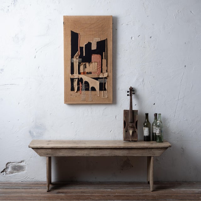 A mid-century modern textile collage, signed Elly, 1961. 20 inches wide by 1 ¾ inches deep by 36 1/4 inches tall