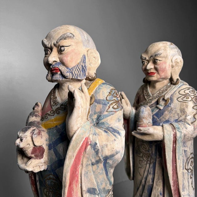 Large Polychrome Wooden Temple Figures on Lotus Bases, Korea, 19th Century, Set of 2 For Sale - Image 15 of 18