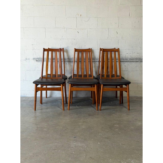 Teak Slat Back Dining Chairs Set of 6 in Black Upholstery Danish Mid-Century Modern 1970s For Sale - Image 9 of 12