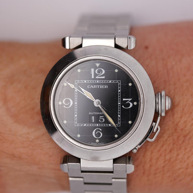 Metal Cartier Pasha 2475 Black Dial Automatic 35mm Watch With Box and Service Papers For Sale - Image 7 of 7