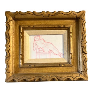 1970’s Vintage Original Female Nude Abstract Pink Drawing Chunky Gold Frame For Sale