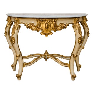 Louis XV Console Table in Cream and Gold Lacquered Wood and White Marble Top For Sale