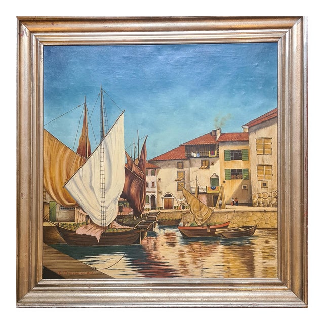 Mid 20th Century Mannerist Large Scale Oil Painting on Canvas, Boats in the Port by E Tiedemann, Framed For Sale