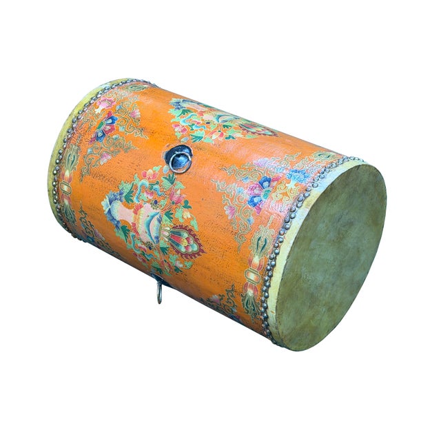 Orange Distressed Light Orange Tibetan Style Jewel Symbol Round Drum Table For Sale - Image 8 of 10