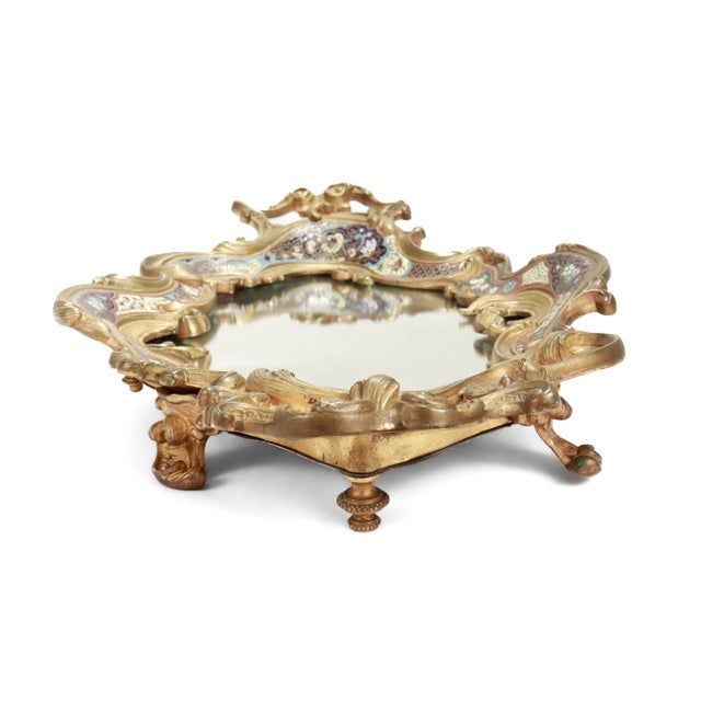 Early 20th Century Large Antique French Gilt Bronze & Champlevé Enamel Mirrored Plateau or Tray For Sale - Image 5 of 18