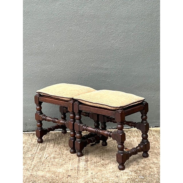 French Country Vintage Turned Wood Low Stools With Caning For Sale - Image 3 of 12