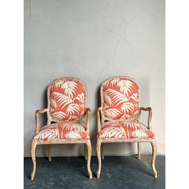 Wood Vintage Regency Faux Bois Fauteuils in Quadrille “Martinique Reverse” - A Pair For Sale - Image 7 of 7