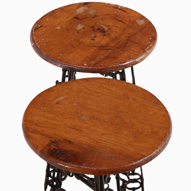 Industrial Pair of Artist-Made Iron and Oak Stools, C 1960 For Sale - Image 3 of 5