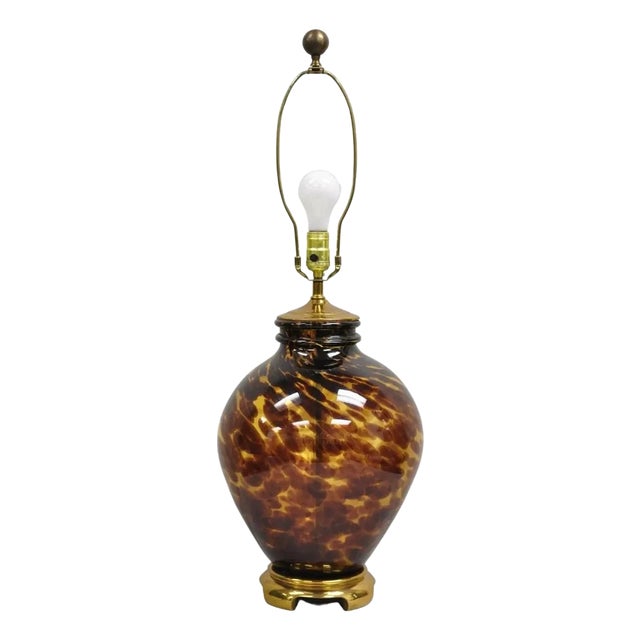 Vintage Chinoiserie Hollywood Regency Tortoise Shell Blown Glass Table Lamp For Sale