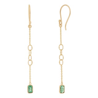 Handcrafted Emerald Drop Chain Earrings in 14k Yellow Gold With Fishhook Closure- A Pair For Sale