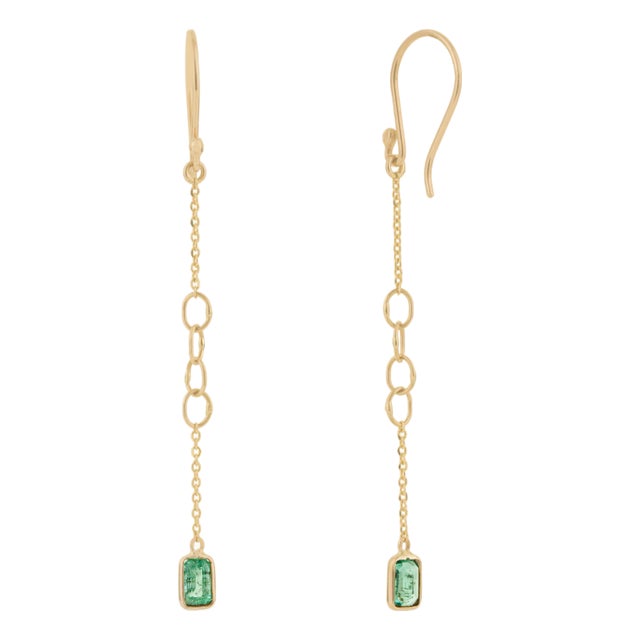 Handcrafted Emerald Drop Chain Earrings in 14k Yellow Gold With Fishhook Closure- A Pair For Sale
