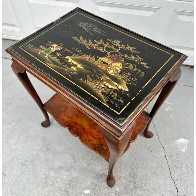Antique Queen Ann Style with Raised Lacquer Chinoiserie Side Table. Charming side table from the early 20th century is...