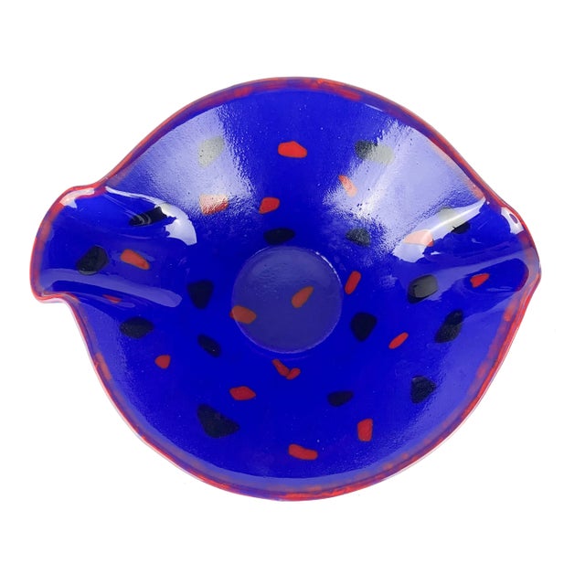 Vintage Mid-Century Modern Handmade Art Glass Bright Blue Red Black Batter Bowl For Sale