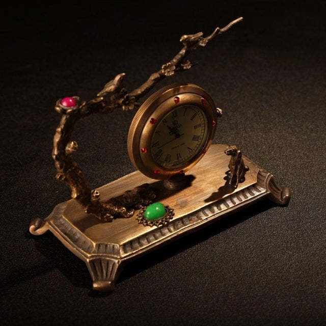 Vintage Bronze Table Clock Jeweled Bird & Dog Sculptural Desk Timepiece 4.3" For Sale In Los Angeles - Image 6 of 9