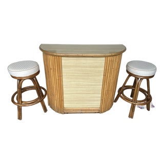 Vintage Bamboos Bar With Upholstered Bar Stools For Sale