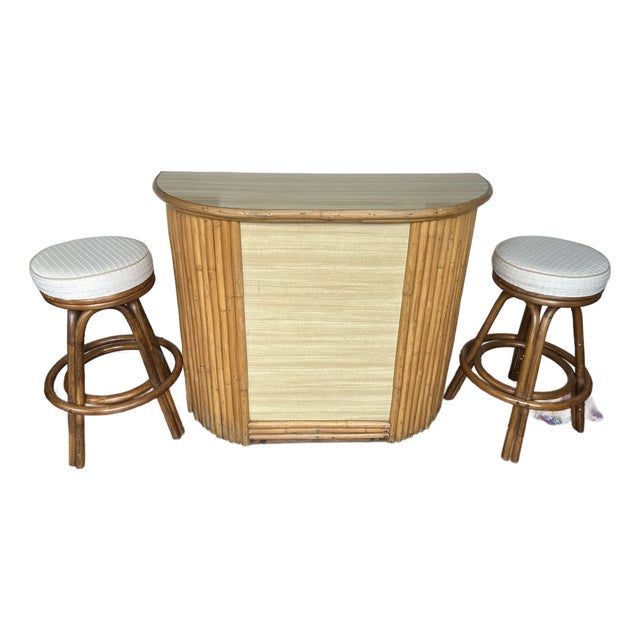 Vintage Bamboos Bar With Upholstered Bar Stools For Sale