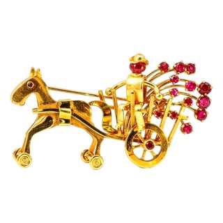 Mid 20th Century 14k Gold Carriage Horse Brooch Antique With Rubies and Movable Wheels For Sale
