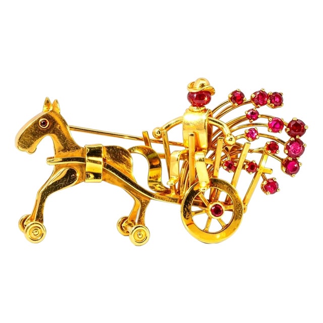 Mid 20th Century 14k Gold Carriage Horse Brooch Antique With Rubies and Movable Wheels For Sale